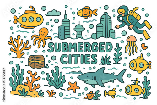 Underwater Cityscape Doodle. Submerged Cities. Hand-drawn doodle illustration of submerged cities. Submarines,