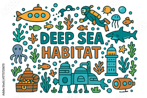 Underwater World Doodle. Deep Sea Habitat. Hand-drawn doodle illustration of deep sea habitat. Submarines,