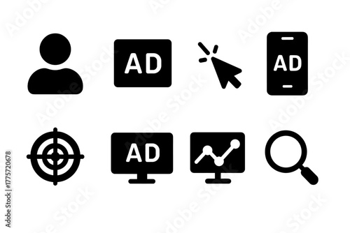Personalized Ads Icons. Personalized ads. Filled icon set of personalized ads: user profile, ad banner, cursor