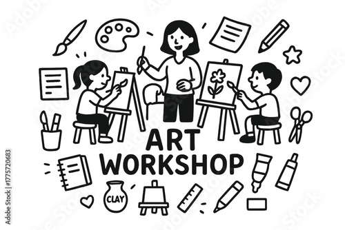 Doodle Art Workshop. Art workshop. Hand-drawn doodle illustration of art workshop. In the middle, one slightly