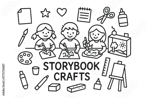 Storybook Craft Doodles. Storybook crafts. Hand-drawn doodle illustration of storybook crafts. In the middle,