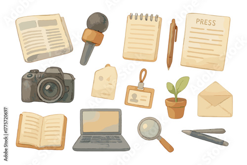 Journalism Essentials Stickers. Journalistic sources. Realistic hand-painted watercolor style sticker sheet of