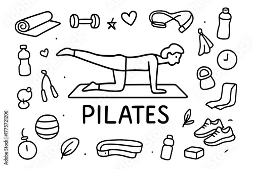Pilates Doodle Art. person practicing pilates, strengthening core muscles with controlled movements.