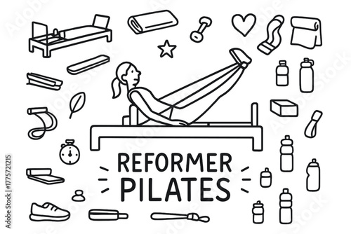 Pilates Reformer Doodle. Pilates reformer. Hand-drawn doodle illustration of pilates reformer. In the middle,