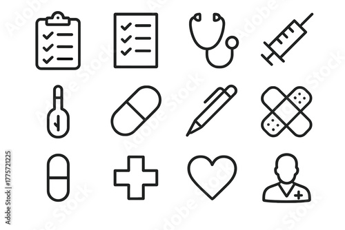 Medical Icons Set. Medical checklist icons. Line outline icon set of medical checklist icons: clipboard,