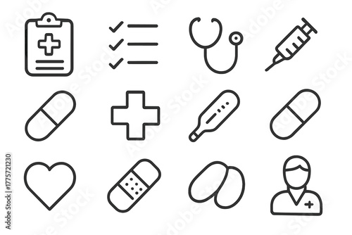 Medical Icons Grid. Clipboard with medical checklist. Line outline icon set of clipboard with medical