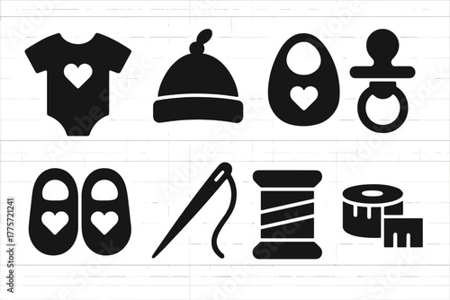 Black Baby Clothing Icons. Personalized baby clothes. Filled icon set of personalized baby clothes: onesie,