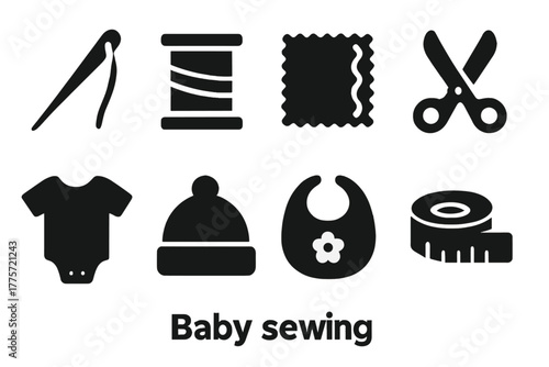 Baby Sewing Icons. Baby sewing. Filled icon set of baby sewing: needle, thread, fabric, scissors, measuring