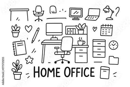 Home Office Doodle Design. Designing a home office layout for maximum efficiency. Hand-drawn doodle