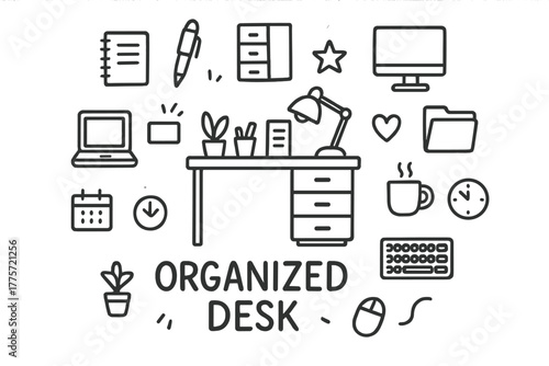 Organized Desk Doodle. Organized desk. Hand-drawn doodle illustration of organized desk. In the middle, one