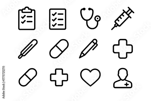 Medical Icons Set. Medical checklist icons. Line outline icon set of medical checklist icons: clipboard,