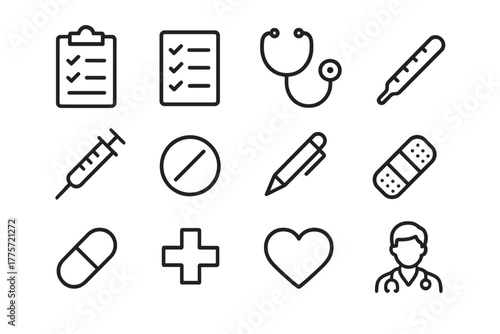Medical Icons Grid. Medical evaluation. Line outline icon set of medical evaluation: clipboard, checklist,