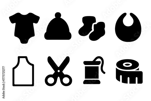 Black Clothing Icons. Clothing patterns. Filled icon set of clothing patterns: onesie, hat, booties, bib,