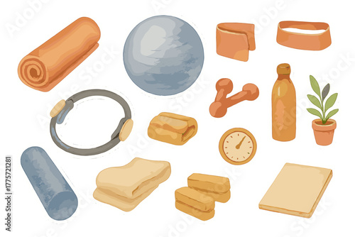 Watercolor Pilates Stickers. Home fitness pilates set. Realistic hand-painted watercolor style sticker sheet