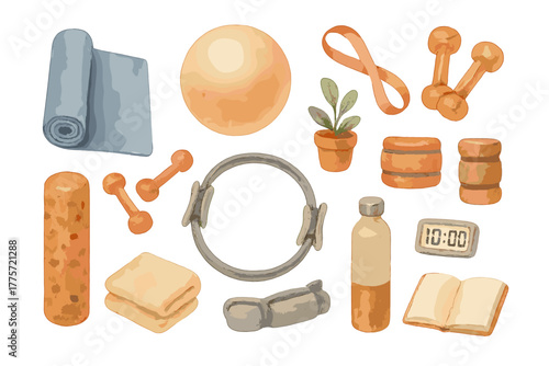 Pilates Watercolor Stickers. Pilates core training set. Realistic hand-painted watercolor style sticker sheet