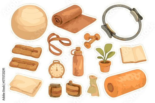 Pilates Watercolor Stickers. Core strength pilates set. Realistic hand-painted watercolor style sticker sheet