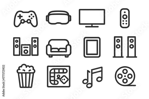 Home Gaming Icons. Home gaming. Line outline icon set of home gaming: game controller, VR headset, television,