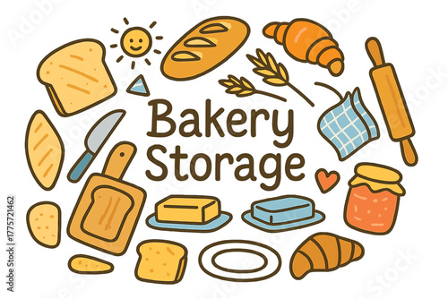 Whimsical Bakery Icons. Bakery Storage. Hand-drawn doodle illustration of bakery storage. Loaf of bread,