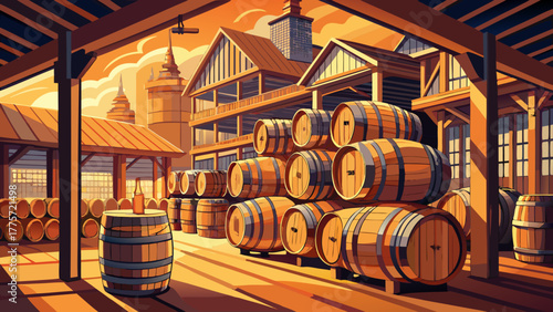 Very beautiful view of stacked bourbon barrels in Louisville, Kentucky, USA, showcasing the rich heritage of bourbon production, wooden textures, and warm ambient lighting in a distillery setting.