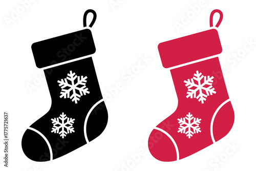 Two Christmas stockings with snowflake designs, one black and one red, are displayed on a white background.