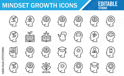 Mental Health and Mindset Icons – Minimal Vector Outline for Awareness and Growth