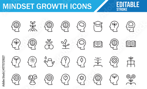 Innovation and Progress Thinking Icons – Editable Stroke Design for Personal Growth