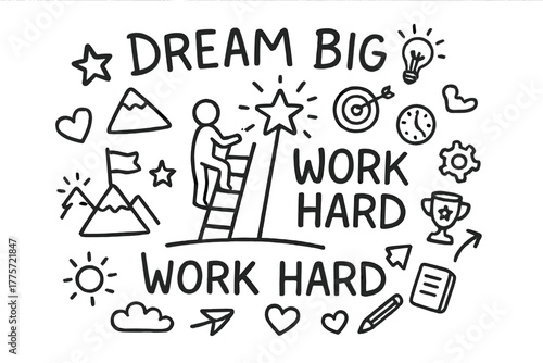Dream Big Doodle. Dream big, work hard. Hand-drawn doodle illustration of “Dream big, work hard.” In the