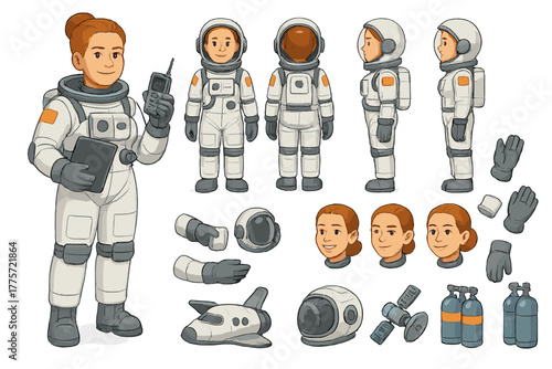 Female Astronaut Character Kit. Cartoon realistic vector illustration, Character constructor style, isolated