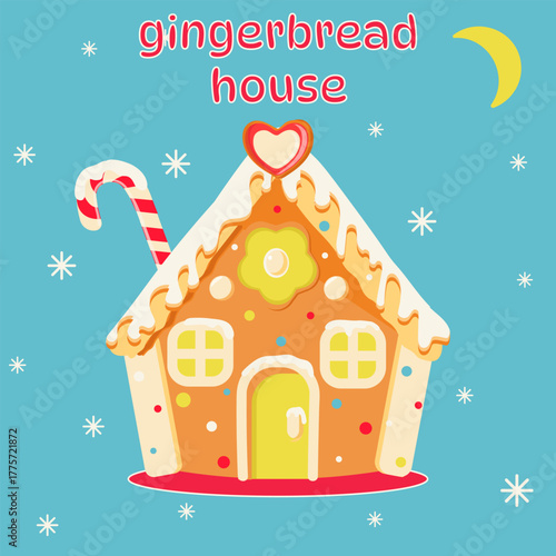 Gingerbread house with candies, lollipops, snow on a snowy background, snowflakes, moon, Christmas, New Year, text 