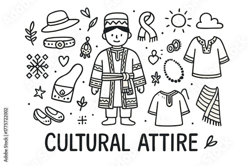 Cultural Attire Doodle. Cultural attire. Hand-drawn doodle illustration of cultural attire. In the middle, one