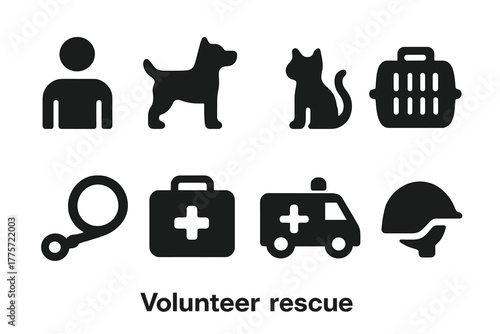 Volunteer Rescue Icons. Volunteer rescue. Filled icon set of volunteer rescue: person, dog, cat, carrier,