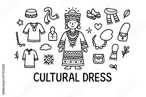 Cultural Dress Doodle. Cultural dress. Hand-drawn doodle illustration of cultural dress. In the middle, one
