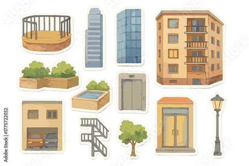 Urban High-Rise Stickers. Urban high-rise essentials. Realistic hand-painted watercolor style sticker sheet of