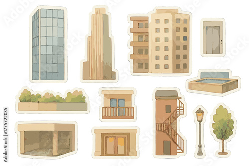 Watercolor Tower Sticker Collection. Modern tower collection. Realistic hand-painted watercolor style sticker