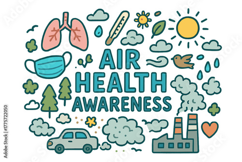 Air Health Doodle. Air Health Awareness. Hand-drawn doodle illustration of air health awareness. Lungs, face
