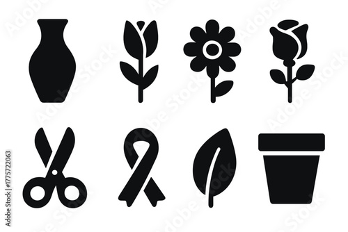 Flower Arrangement Icons. Flower arranging. Filled icon set of flower arranging: vase, tulip, daisy, rose,
