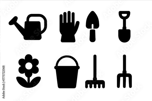 Gardening Tools Icons. Gardening activities. Filled icon set of gardening activities: watering can, gloves,