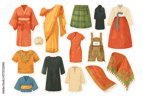 Diverse Traditional Attire. Traditional clothing. Realistic hand-painted watercolor style sticker sheet of