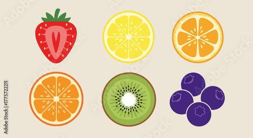 A vibrant collection of sliced fruits and blueberries arranged in two rows against a neutral background.
