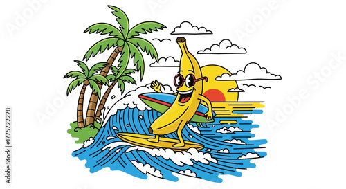 Cartoon banana surfing a wave with palm trees, clouds, and a sunset in the background.