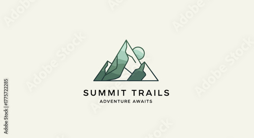 A minimalist logo for 'Summit Trails' featuring a stylized mountain range and sun, with the tagline 'Adventure Awaits' below.