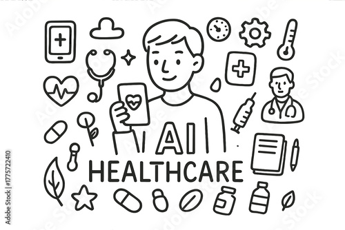 AI Healthcare Doodle. AI healthcare. Hand-drawn doodle illustration of AI healthcare. In the middle, one