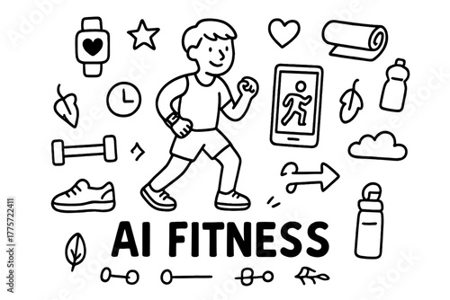 AI Fitness Doodle. AI fitness. Hand-drawn doodle illustration of AI fitness. In the middle, one slightly