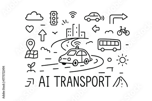 AI Transport Doodle. AI transportation. Hand-drawn doodle illustration of AI transportation. In the middle,