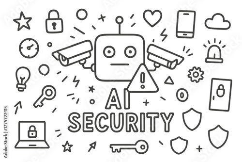 AI Security Doodle. AI security. Hand-drawn doodle illustration of AI security. In the middle, one slightly
