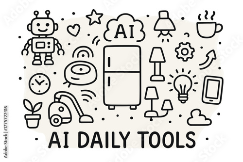 AI Daily Tools. AI daily tools. Hand-drawn doodle illustration of AI daily tools. In the middle, one slightly