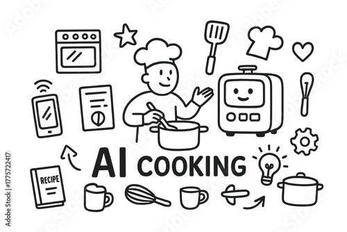 AI Cooking Doodle. AI cooking. Hand-drawn doodle illustration of AI cooking. In the middle, one slightly
