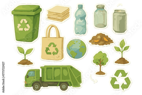 Watercolor Recycling Stickers. Sustainable recycling essentials. Realistic hand-painted watercolor style