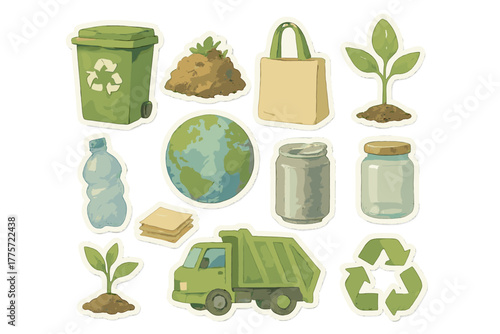 Recycling Watercolor Stickers. Recycling awareness kit. Realistic hand-painted watercolor style sticker sheet