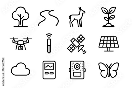 Ecosystem Restoration Icons. Ecosystem restoration. Line outline icon set of ecosystem restoration: tree,